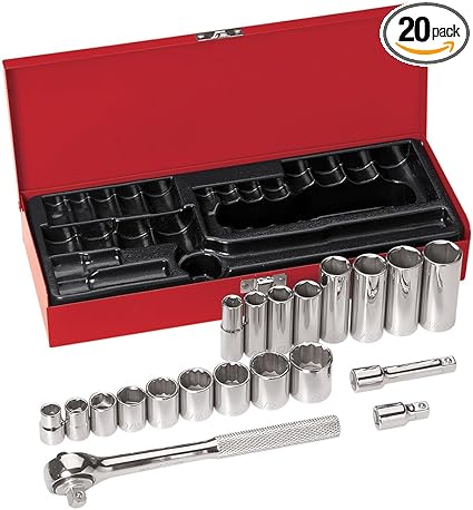 Klein Tools 65508 3/8-Inch Drive Socket Wrench Set with 6-Point, 12-Point, and 6-Point Deep Sockets in SAE Sizes, Case Included, 20-Piece